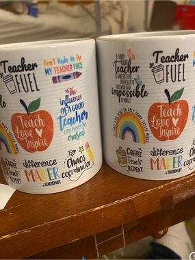 Teacher Fuel Ceramic Mug Set - Apple & Rainbow Design - White 15 oz mugs made to